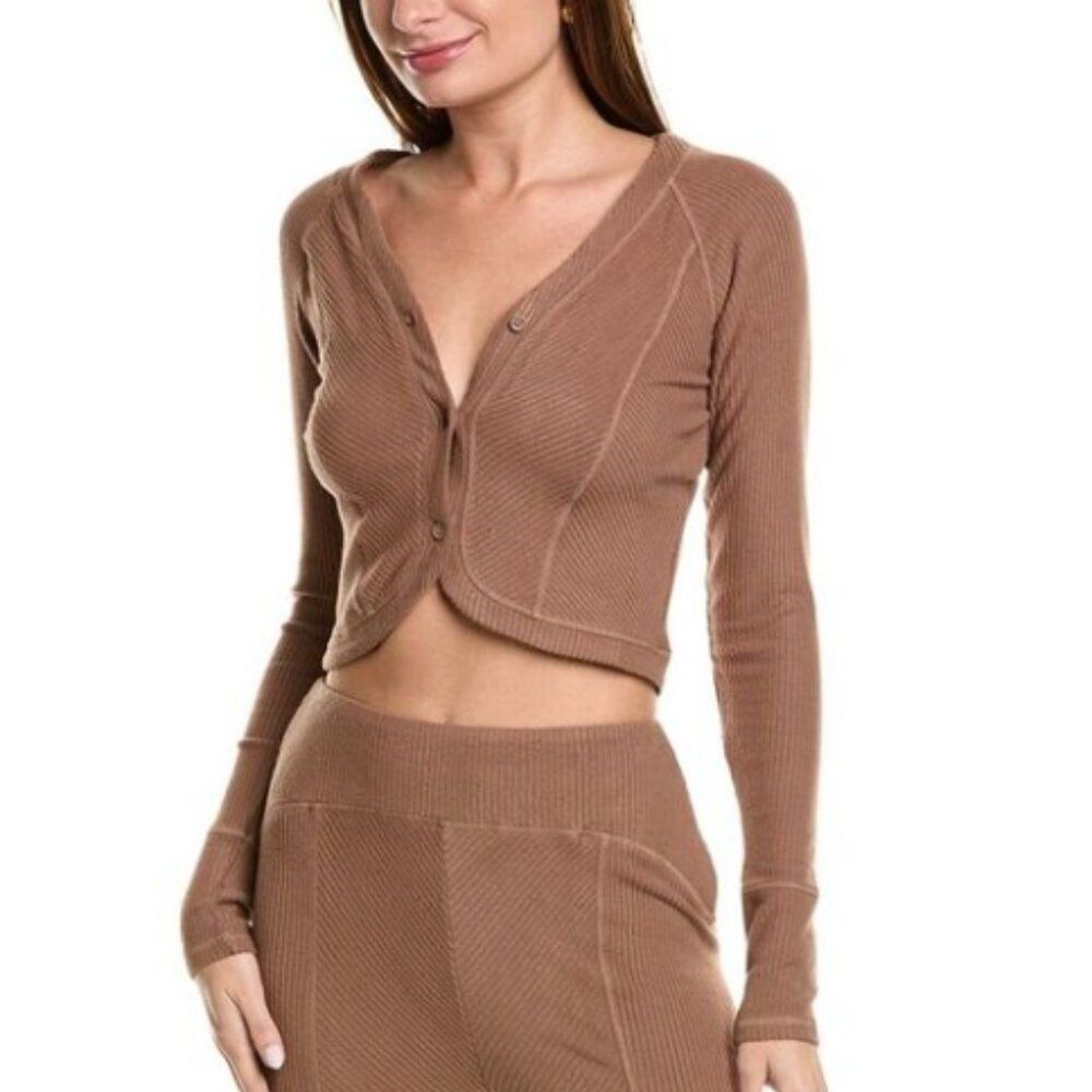 NWT AREA STARS RIBBED BOYFRIEND BUTTON FRONT TULIP HEM CROP TOP/CARDIGAN BRN XL